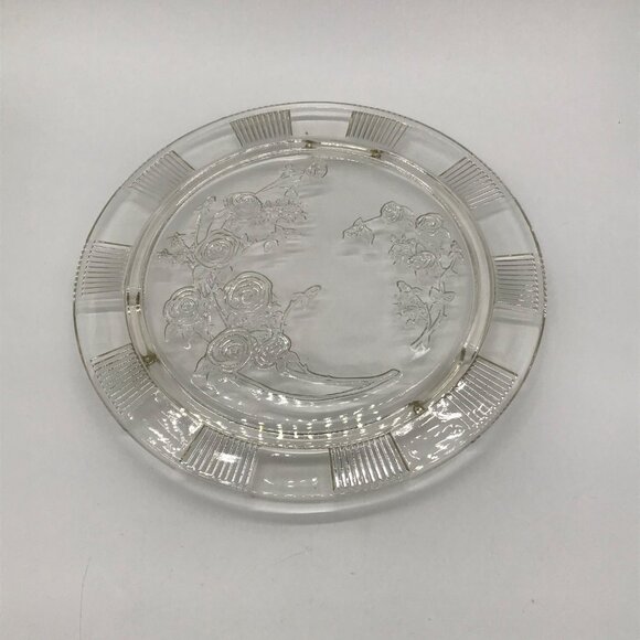 Federal Clear Glass Sharon Cabbage Open Rose Cake Plate, Floral Design & Ribbed - Picture 7 of 8